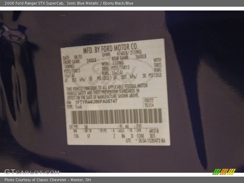 2006 Ranger STX SuperCab Sonic Blue Metallic Color Code SN