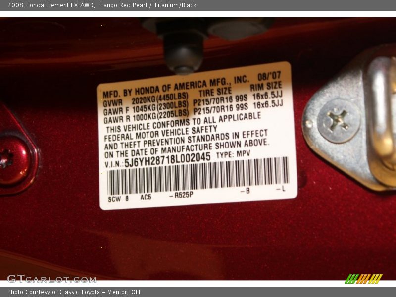 Tango Red Pearl / Titanium/Black 2008 Honda Element EX AWD