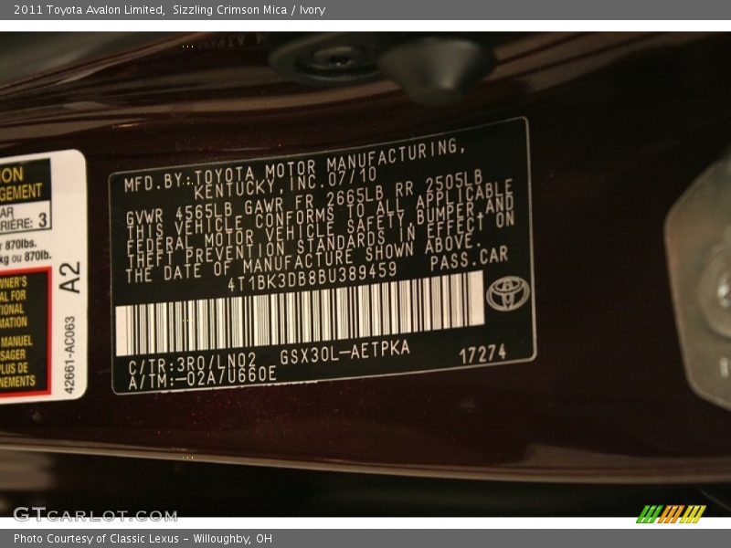 Sizzling Crimson Mica / Ivory 2011 Toyota Avalon Limited