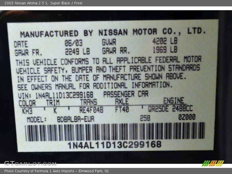Super Black / Frost 2003 Nissan Altima 2.5 S