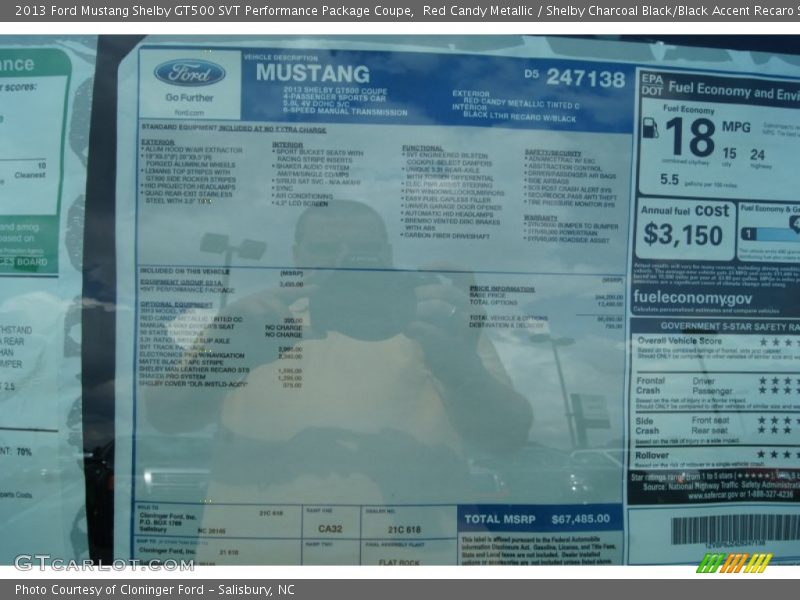  2013 Mustang Shelby GT500 SVT Performance Package Coupe Window Sticker