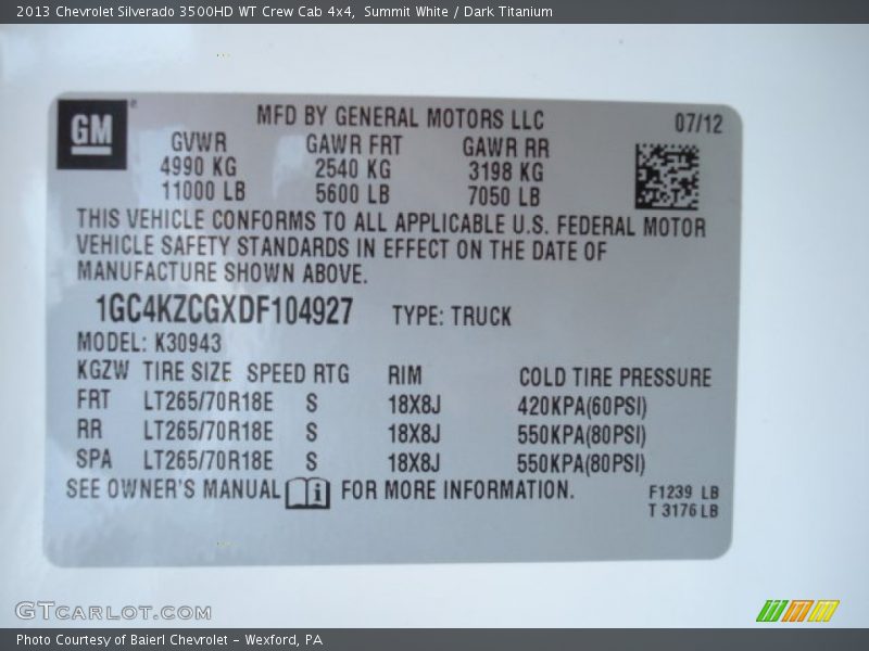 Summit White / Dark Titanium 2013 Chevrolet Silverado 3500HD WT Crew Cab 4x4