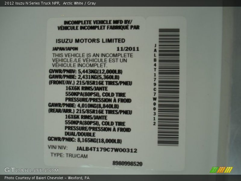 Arctic White / Gray 2012 Isuzu N Series Truck NPR