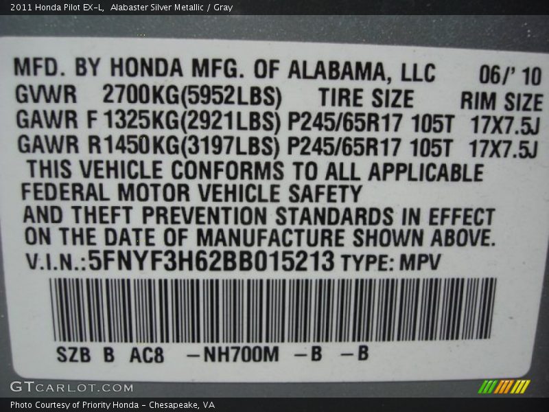 Alabaster Silver Metallic / Gray 2011 Honda Pilot EX-L