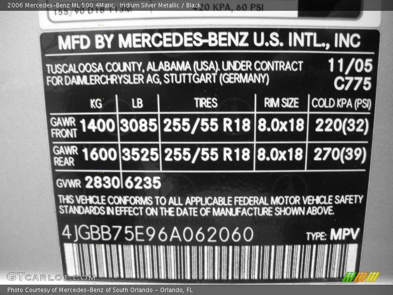 Iridium Silver Metallic / Black 2006 Mercedes-Benz ML 500 4Matic
