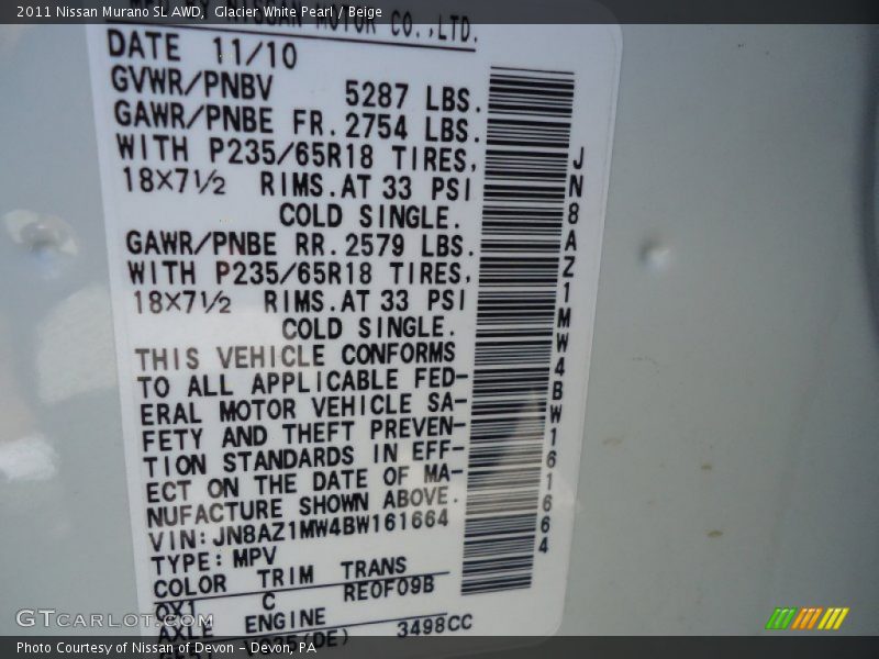 Glacier White Pearl / Beige 2011 Nissan Murano SL AWD