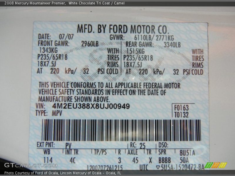 2008 Mountaineer Premier White Chocolate Tri Coat Color Code PV