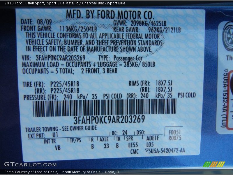 2010 Fusion Sport Sport Blue Metallic Color Code U1