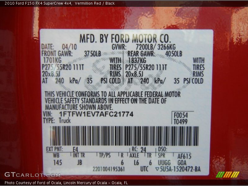 2010 F150 FX4 SuperCrew 4x4 Vermillion Red Color Code E4