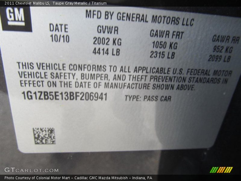 Taupe Gray Metallic / Titanium 2011 Chevrolet Malibu LS