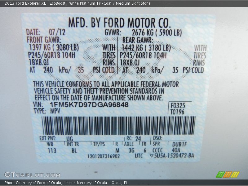 2013 Explorer XLT EcoBoost White Platinum Tri-Coat Color Code UG