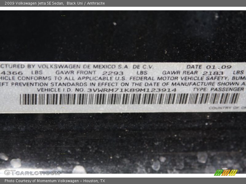 Black Uni / Anthracite 2009 Volkswagen Jetta SE Sedan