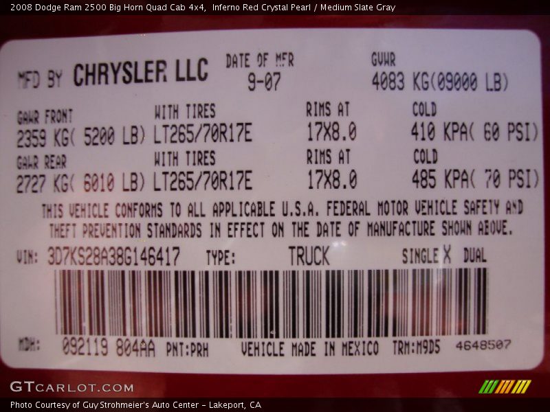 2008 Ram 2500 Big Horn Quad Cab 4x4 Inferno Red Crystal Pearl Color Code PRH