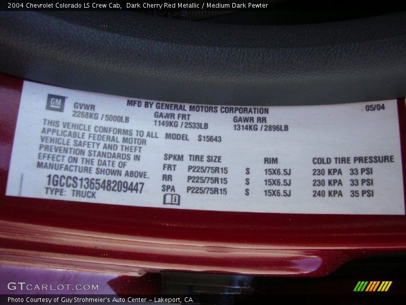 Dark Cherry Red Metallic / Medium Dark Pewter 2004 Chevrolet Colorado LS Crew Cab