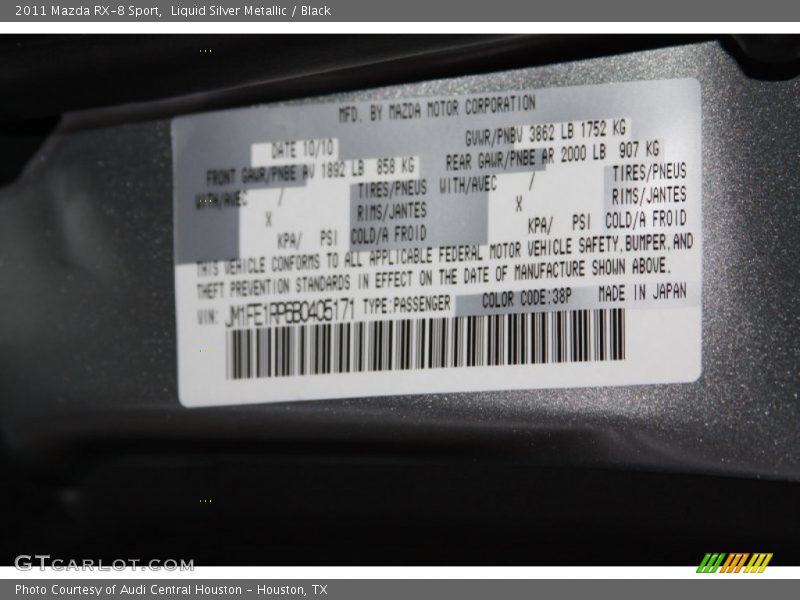 2011 RX-8 Sport Liquid Silver Metallic Color Code 38P