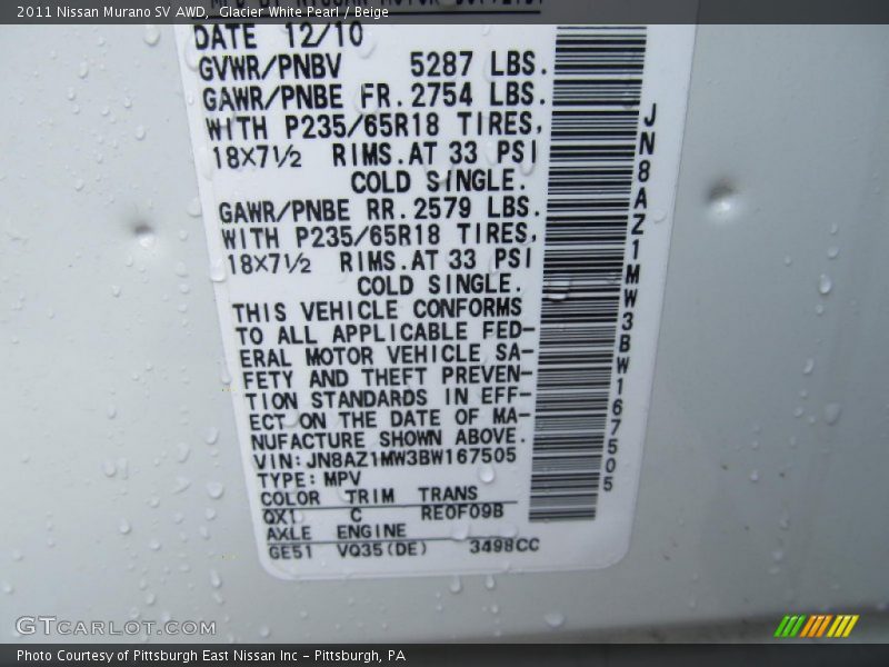 Glacier White Pearl / Beige 2011 Nissan Murano SV AWD