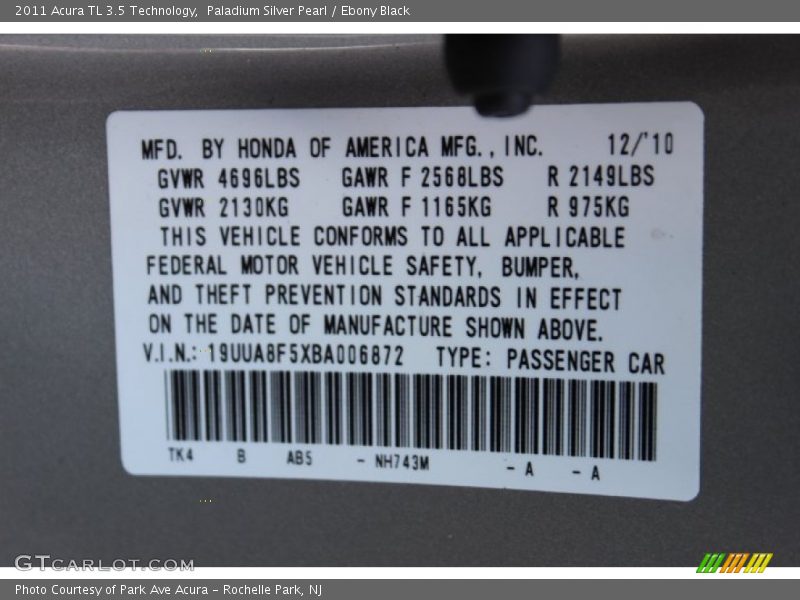 Paladium Silver Pearl / Ebony Black 2011 Acura TL 3.5 Technology