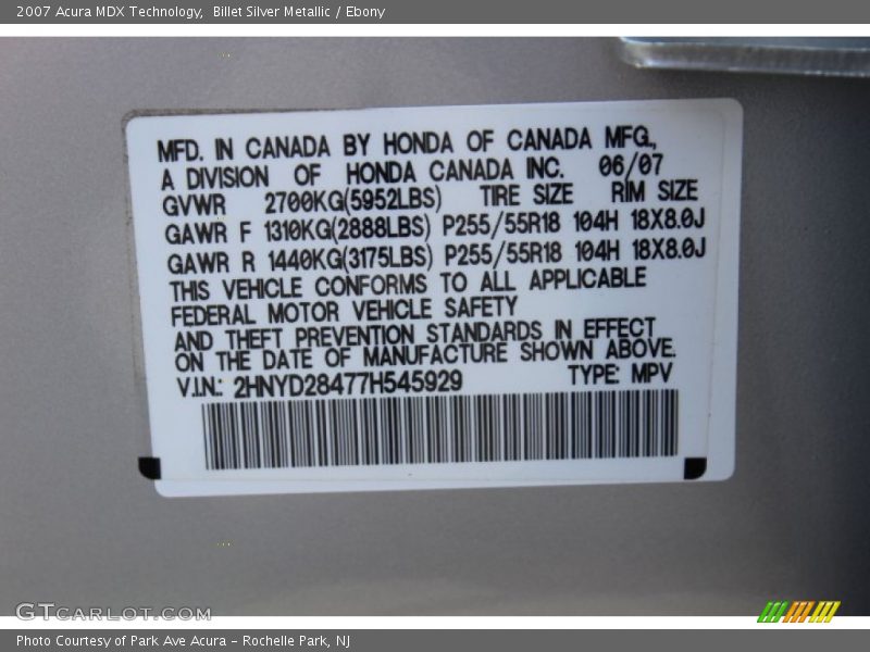 Billet Silver Metallic / Ebony 2007 Acura MDX Technology