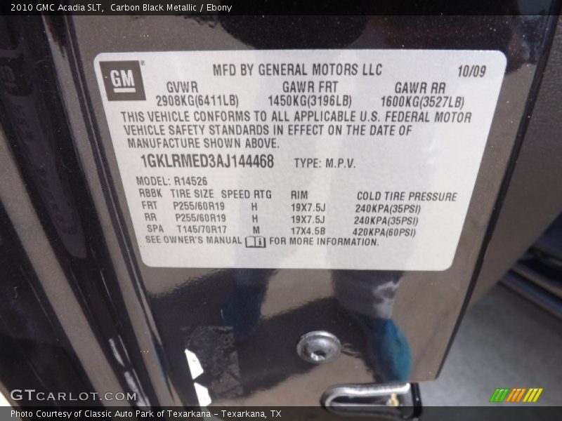 Carbon Black Metallic / Ebony 2010 GMC Acadia SLT