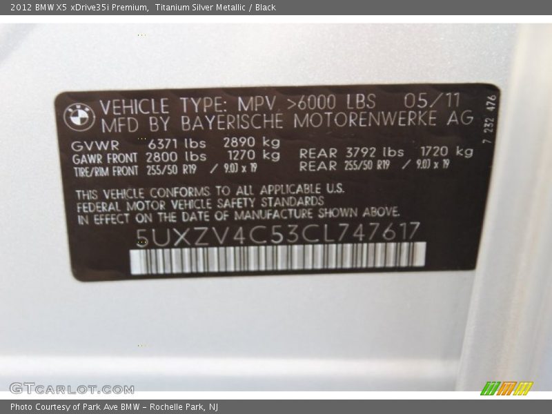 Titanium Silver Metallic / Black 2012 BMW X5 xDrive35i Premium