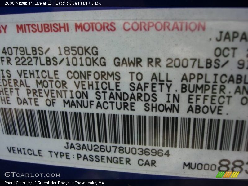 Electric Blue Pearl / Black 2008 Mitsubishi Lancer ES