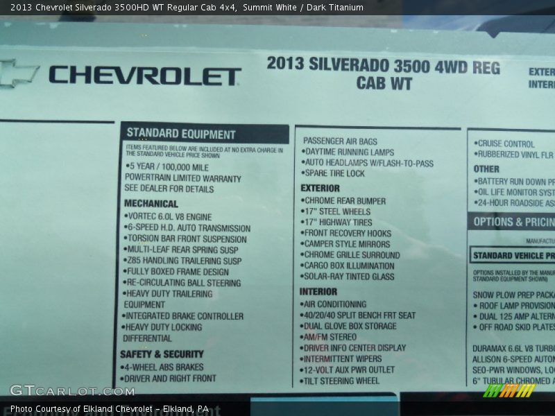  2013 Silverado 3500HD WT Regular Cab 4x4 Window Sticker