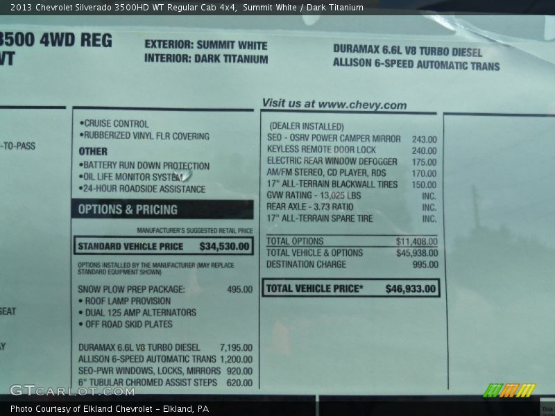  2013 Silverado 3500HD WT Regular Cab 4x4 Window Sticker
