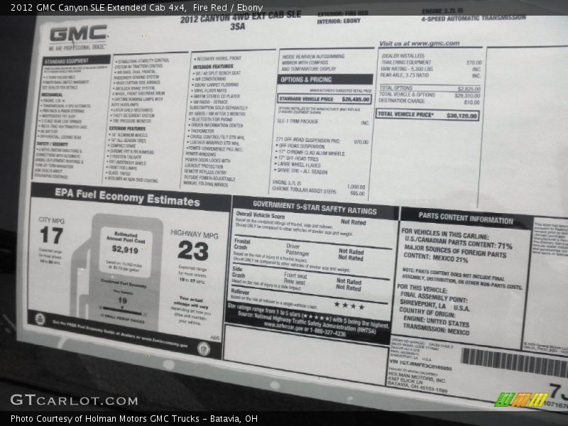  2012 Canyon SLE Extended Cab 4x4 Window Sticker