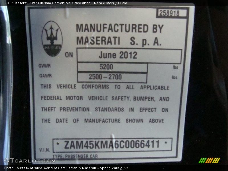 Nero (Black) / Cuoio 2012 Maserati GranTurismo Convertible GranCabrio