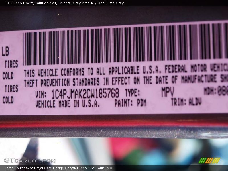 Mineral Gray Metallic / Dark Slate Gray 2012 Jeep Liberty Latitude 4x4