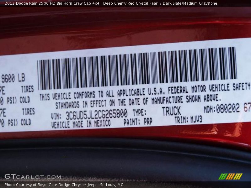 Deep Cherry Red Crystal Pearl / Dark Slate/Medium Graystone 2012 Dodge Ram 2500 HD Big Horn Crew Cab 4x4