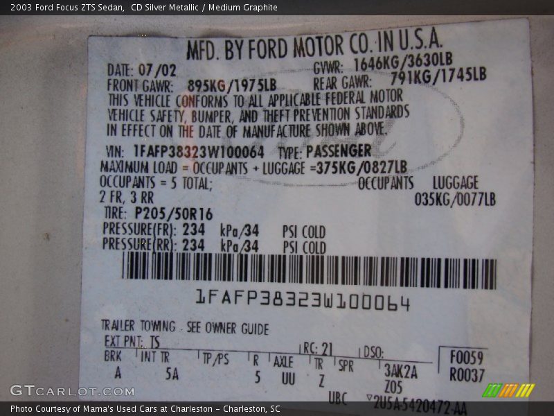 CD Silver Metallic / Medium Graphite 2003 Ford Focus ZTS Sedan