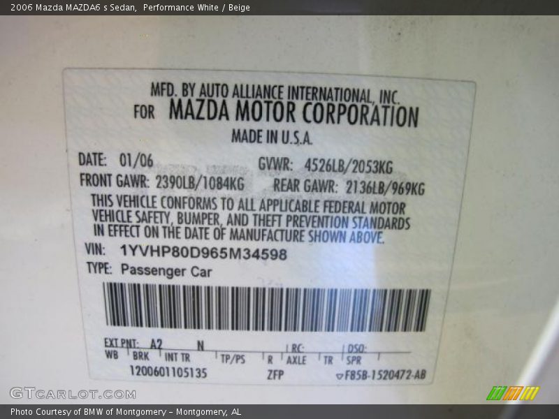 Performance White / Beige 2006 Mazda MAZDA6 s Sedan