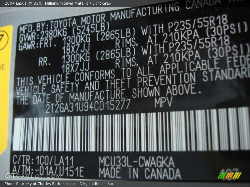 Millinnium Silver Metallic / Light Gray 2004 Lexus RX 330