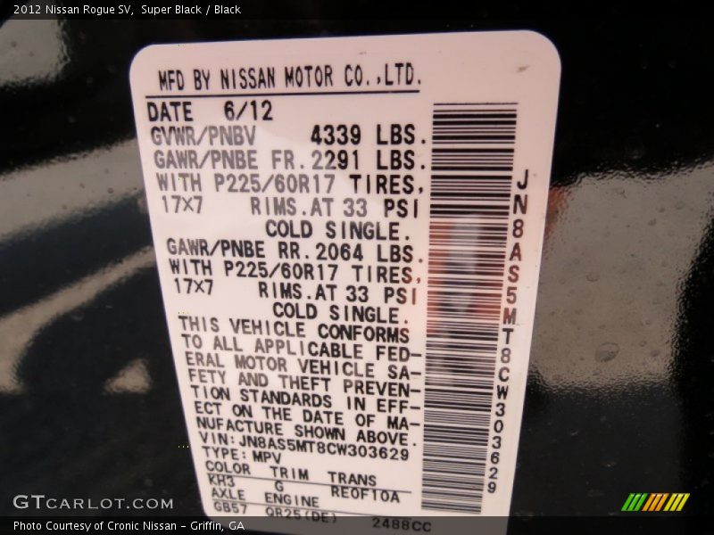 2012 Rogue SV Super Black Color Code KH3