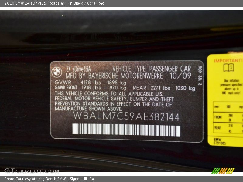 Info Tag of 2010 Z4 sDrive35i Roadster