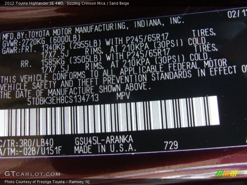 2012 Highlander SE 4WD Sizzling Crimson Mica Color Code 3R0