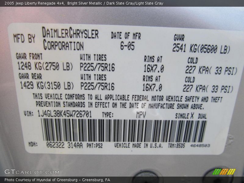 Bright Silver Metallic / Dark Slate Gray/Light Slate Gray 2005 Jeep Liberty Renegade 4x4