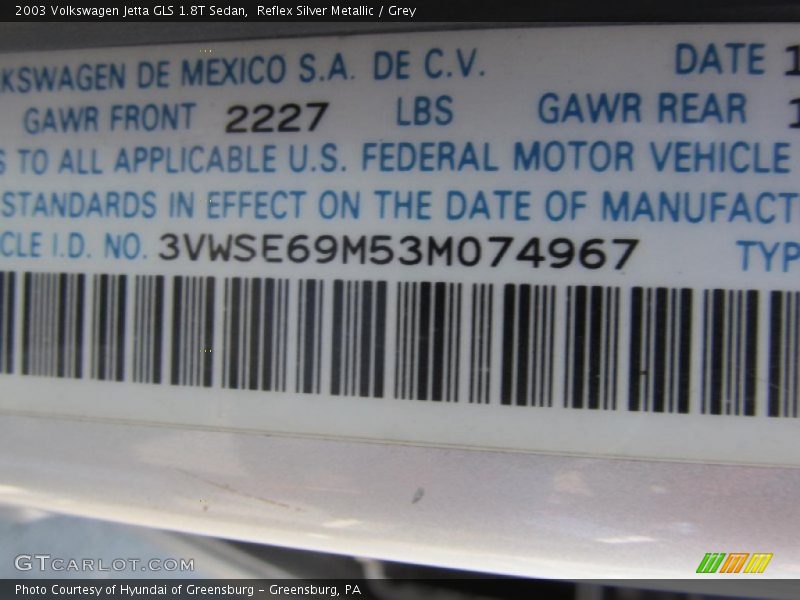 Reflex Silver Metallic / Grey 2003 Volkswagen Jetta GLS 1.8T Sedan