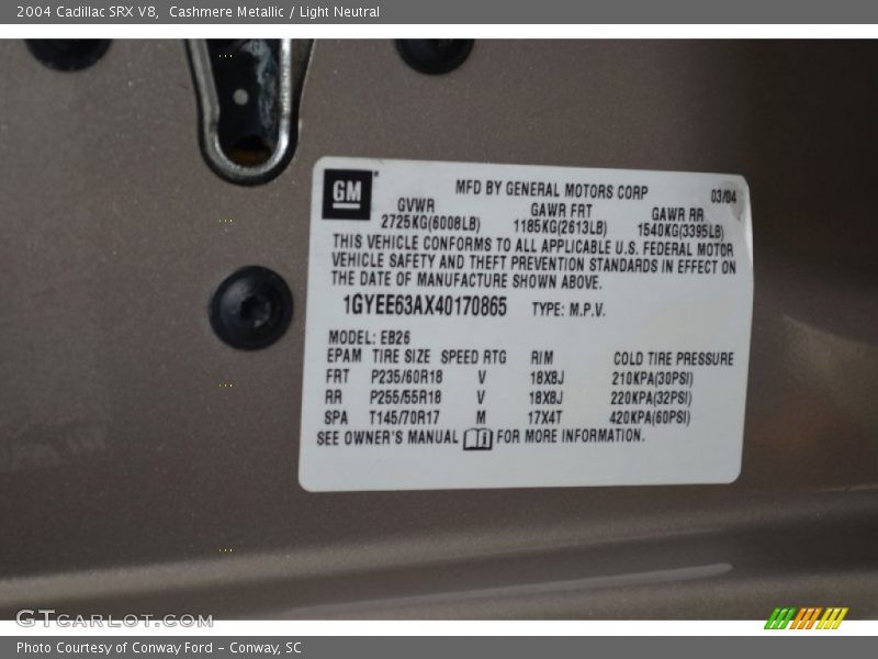 Cashmere Metallic / Light Neutral 2004 Cadillac SRX V8