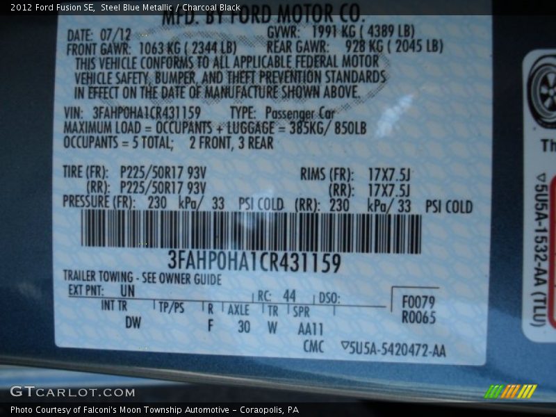 Steel Blue Metallic / Charcoal Black 2012 Ford Fusion SE