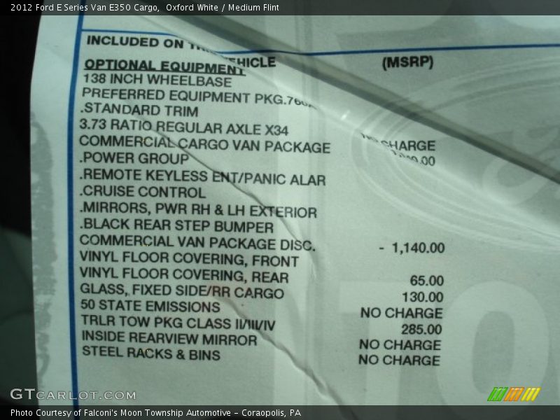  2012 E Series Van E350 Cargo Window Sticker