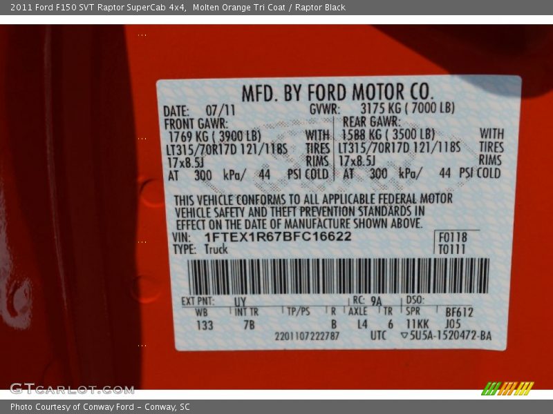 2011 F150 SVT Raptor SuperCab 4x4 Molten Orange Tri Coat Color Code UY