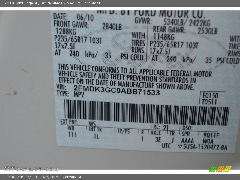 White Suede / Medium Light Stone 2010 Ford Edge SE