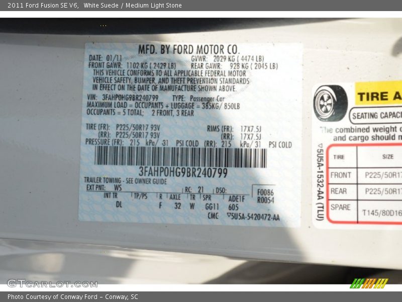 White Suede / Medium Light Stone 2011 Ford Fusion SE V6