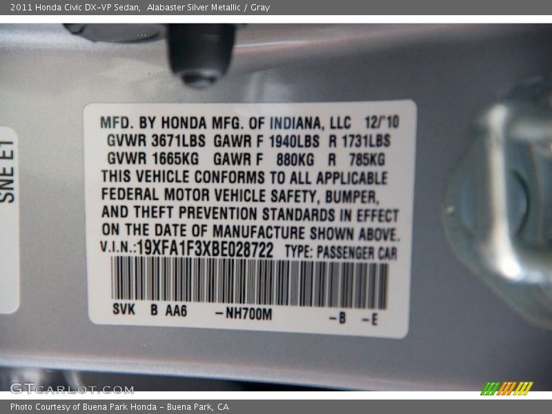 Alabaster Silver Metallic / Gray 2011 Honda Civic DX-VP Sedan