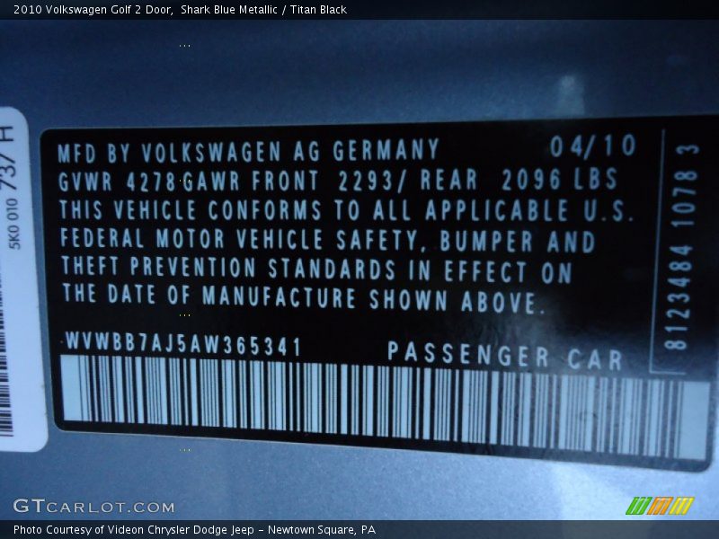 Shark Blue Metallic / Titan Black 2010 Volkswagen Golf 2 Door