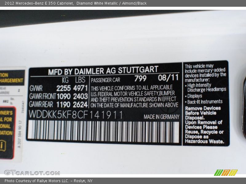 Diamond White Metallic / Almond/Black 2012 Mercedes-Benz E 350 Cabriolet