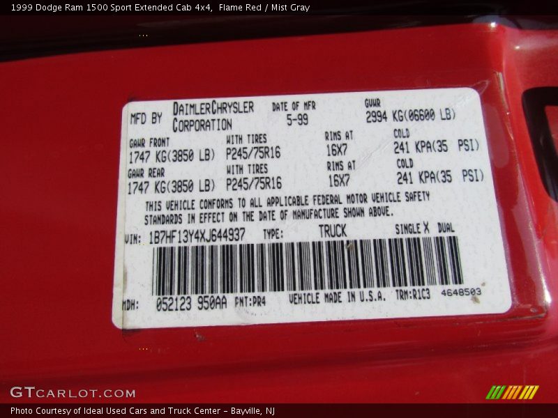1999 Ram 1500 Sport Extended Cab 4x4 Flame Red Color Code PR4