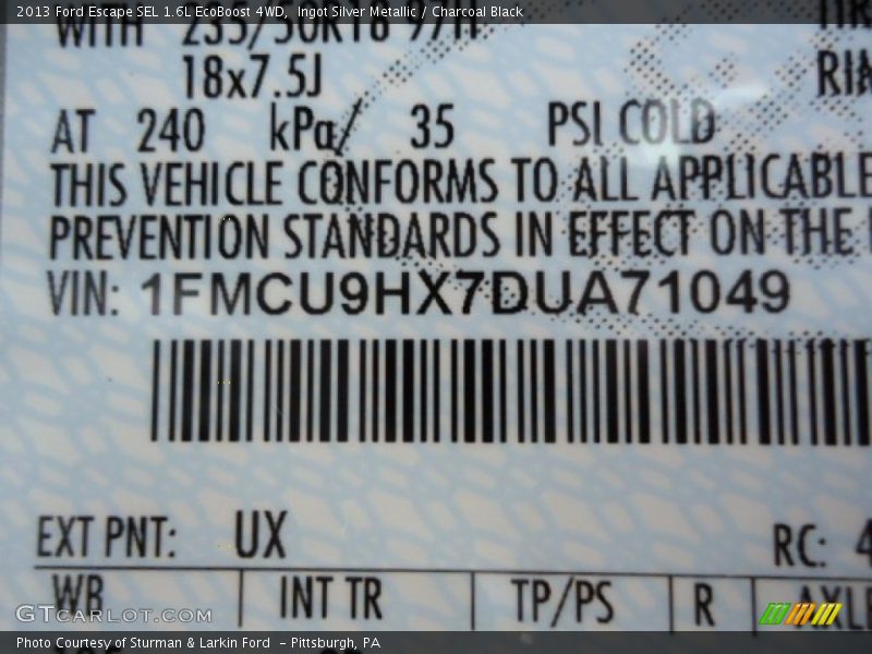 2013 Escape SEL 1.6L EcoBoost 4WD Ingot Silver Metallic Color Code UX